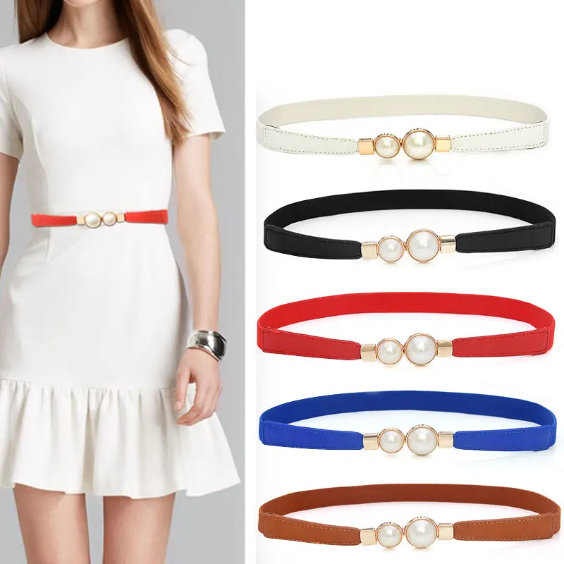 

Women Belt Women Double Pearl Belt PU Leather Dress Skirt Waist Elastic Thin Belts Ladies Waistband Summer Dress Accessories