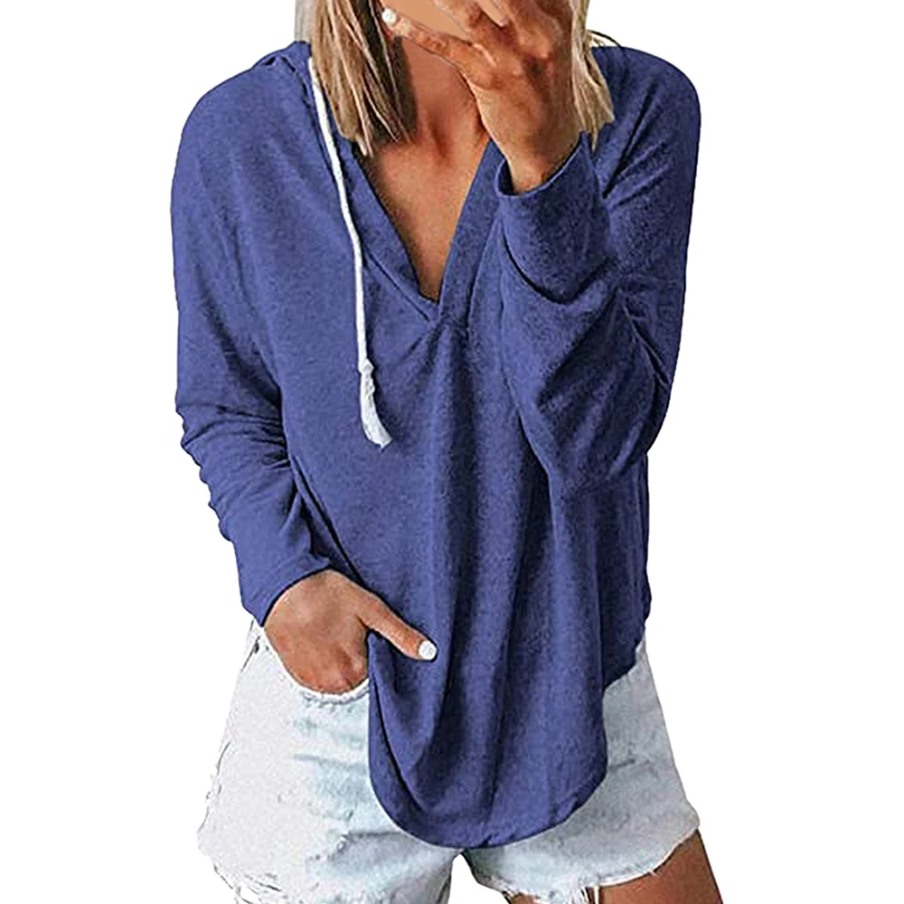 

Hoodies Women Autumn Solid Casual V Neck Sweatshirt Drawstring Long Sleeve Pullovers Women Clothing Casual Female Hoodies