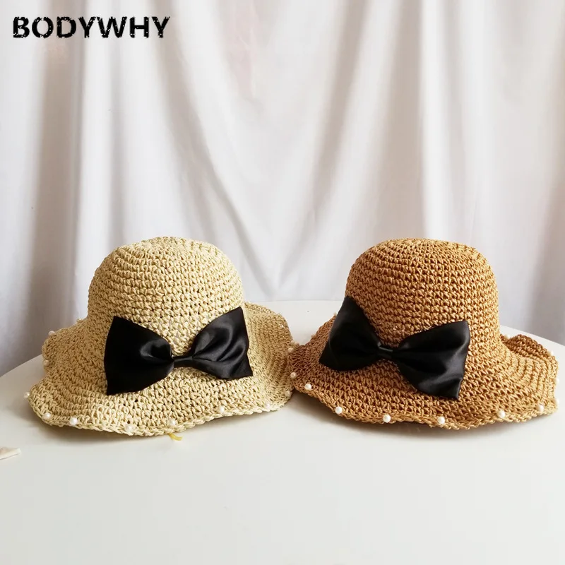 New High Quality Hat Female Korean Summer Sun Visor Net Red Fisherman Hat Japanese Wild Beach Pearl Bow Straw Hat Free Shipping