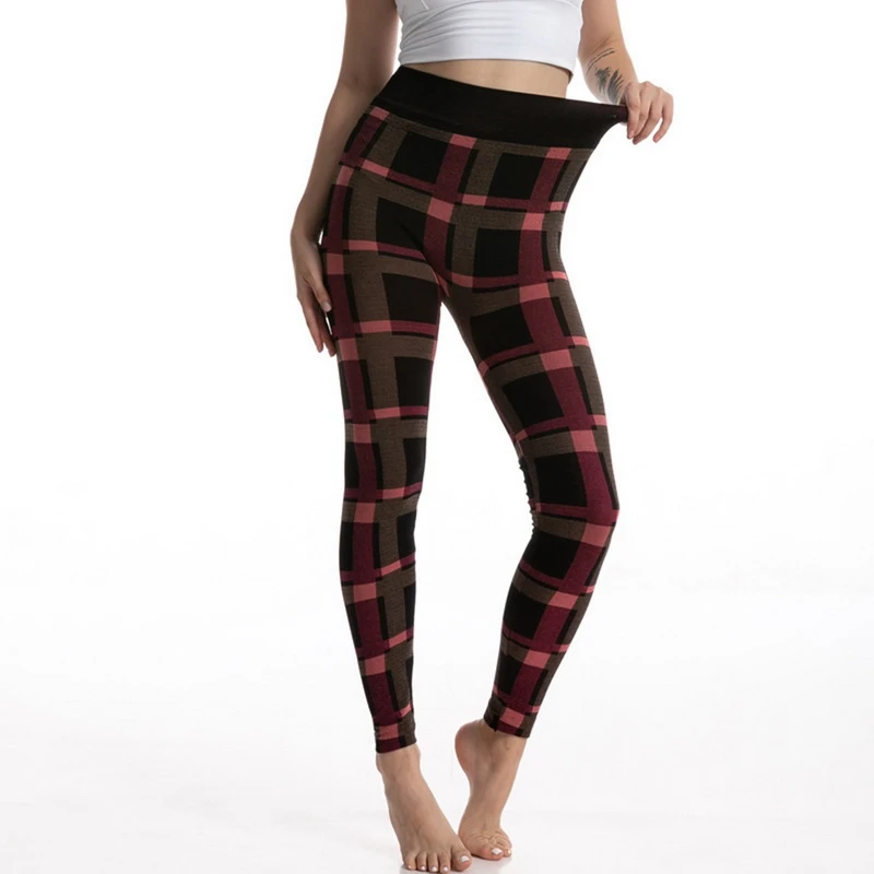 

MoneRffi Female Fitness Leggings Women Print Plaid Leggings Lady Sexy Slim Pencil Pants Push Up Elastic Waist Plus Size Trousers