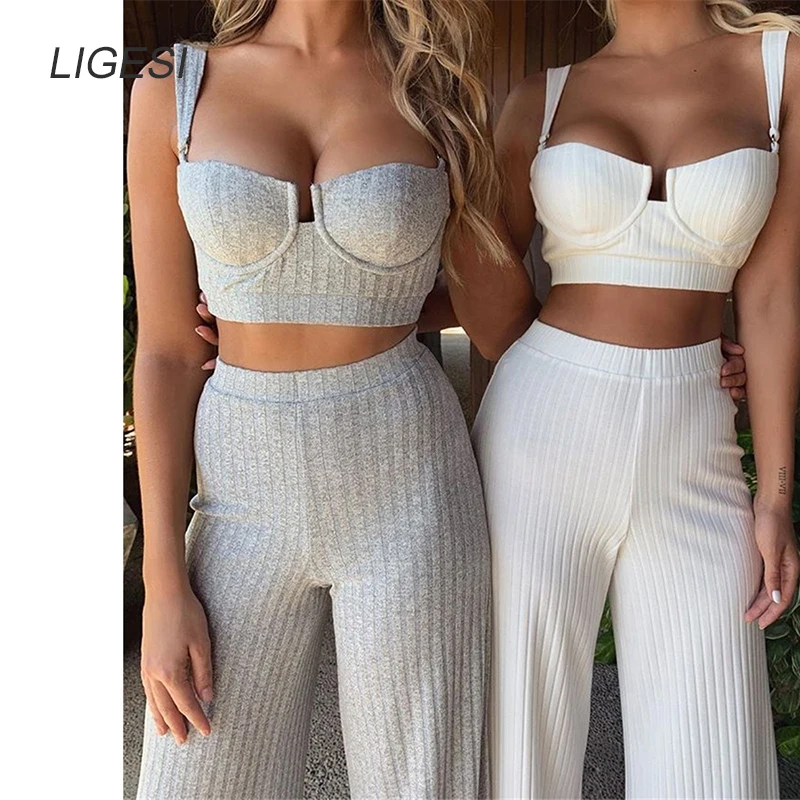 

2 Piece Set Women Knitted Tracksuit Sleeveless Strapless Crop Top and Wide Leg Pants 2019 Sexy Summer Two Piece Outfits