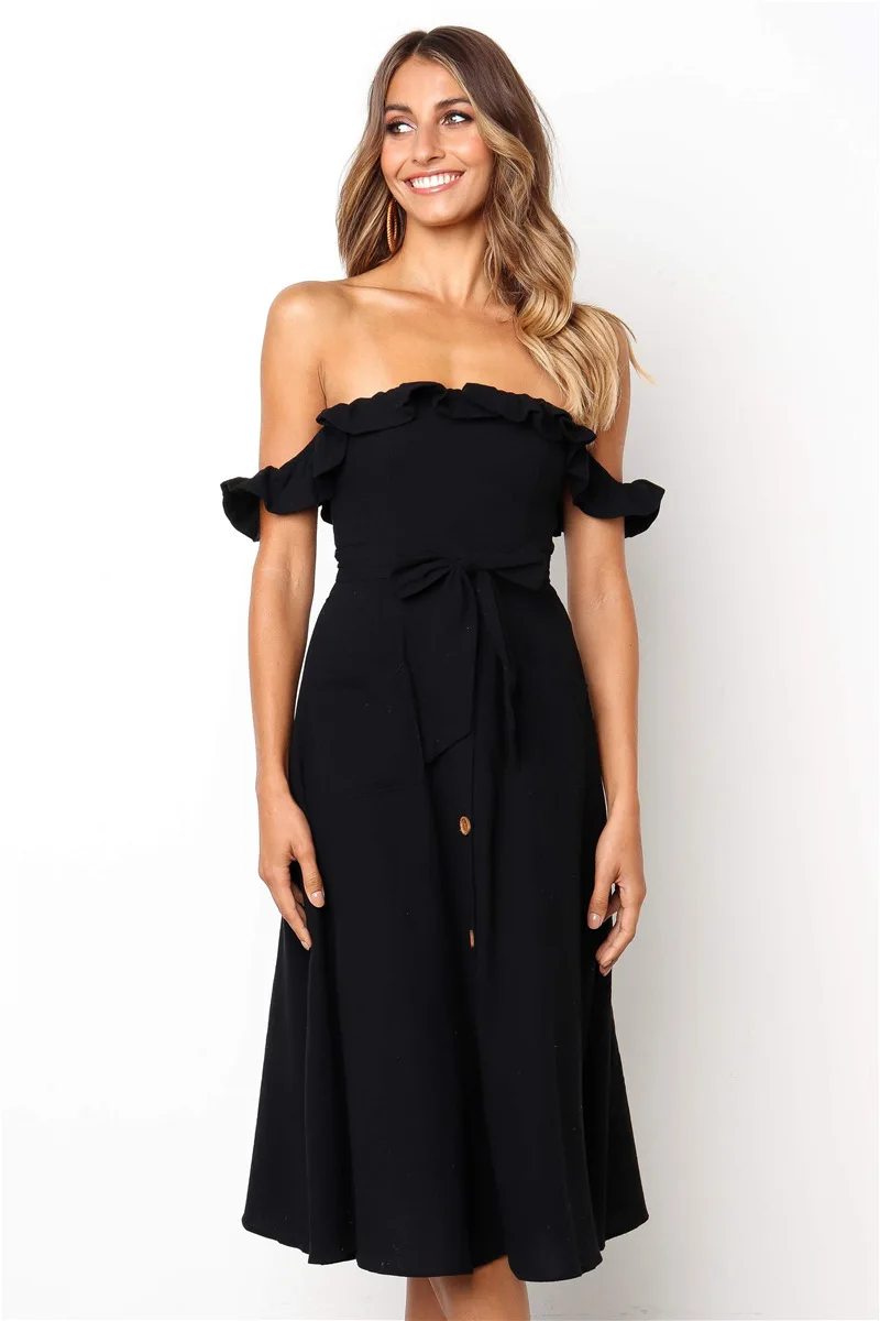 

Spring and summer sexy women's one-shoulder ruffled backless lace-up pocket dress