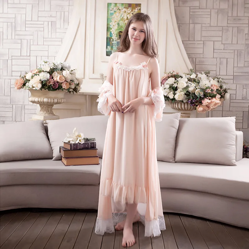 

Two-Piece Set Robes 2021 Spring/Autumn New Princess Court Nightdress Long-Sleeved Homewear Loose Lace Sexy Sling Sleeping Dress