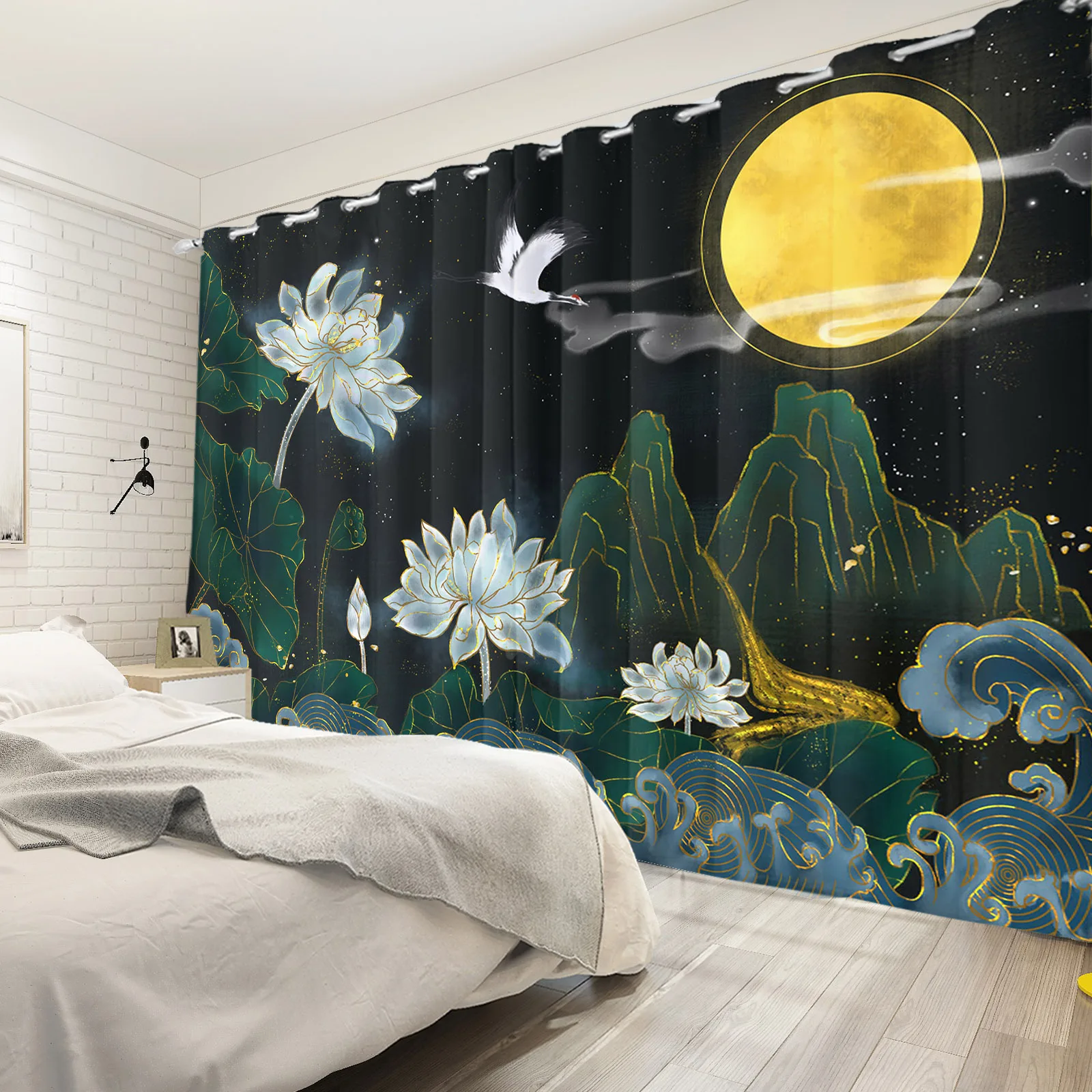 

LaeaccoChinese Style Dreamy Lotus Curtain Lotus Pond Moonlight Pattern Printed Drapes For Living Room Bedroom Polyester
