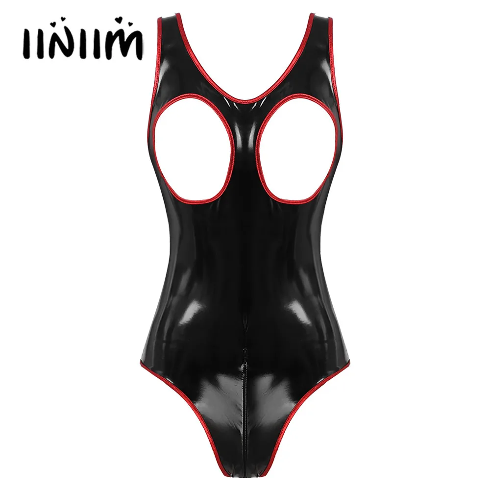 

Womens Lingerie Open Cup Zipper Crotch Bodysuit Glossy Patent Leather Erotic Sexy Teddies U Neck Sleeveless Leotard Clubwear