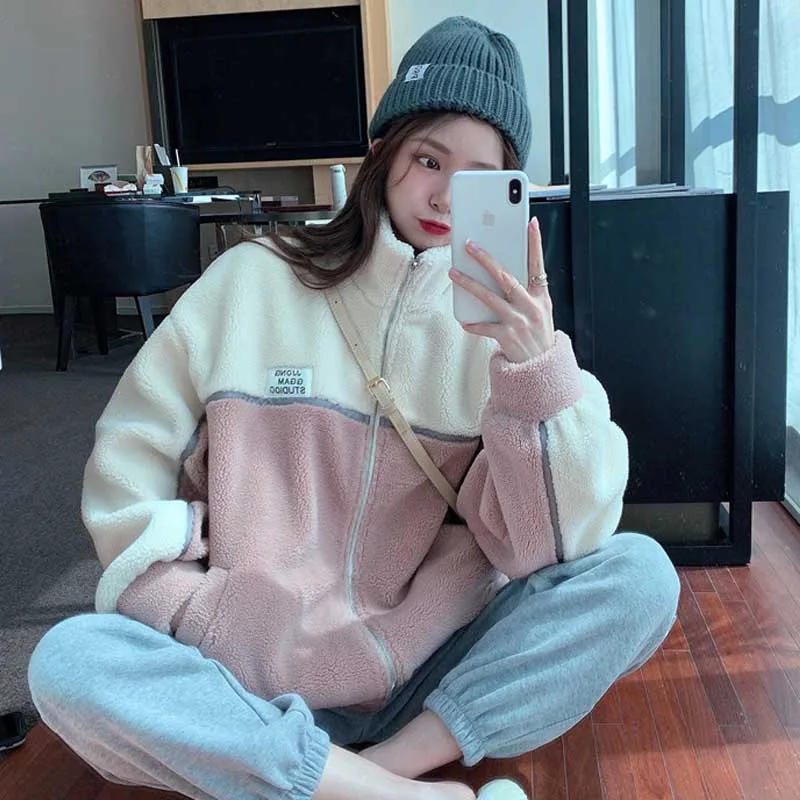 

One-Piece College Sweet Girl Color Matching Thick Lamb Wool Zipper Warm Jacket Women 2020 Autumn Winter Women Long Sleeve Coats