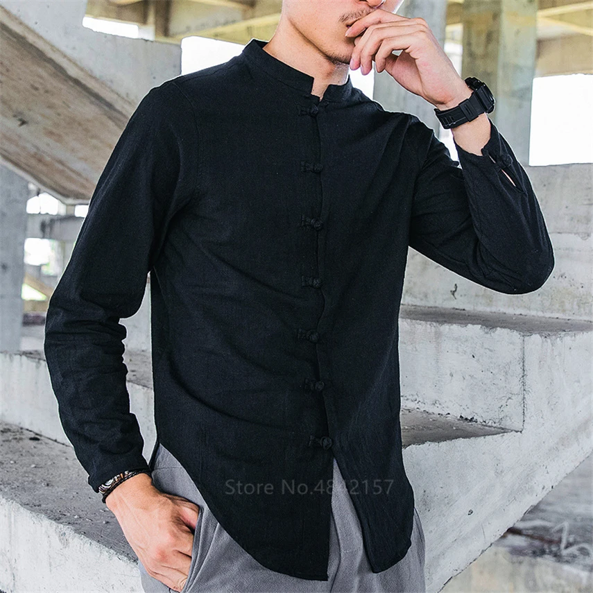

2020 Chinese Shirt Man Retro Long Sleeve Traditional 8Colors Stand Collar Tops Vintage Linen Autumn Casual Kung Fu Clothes