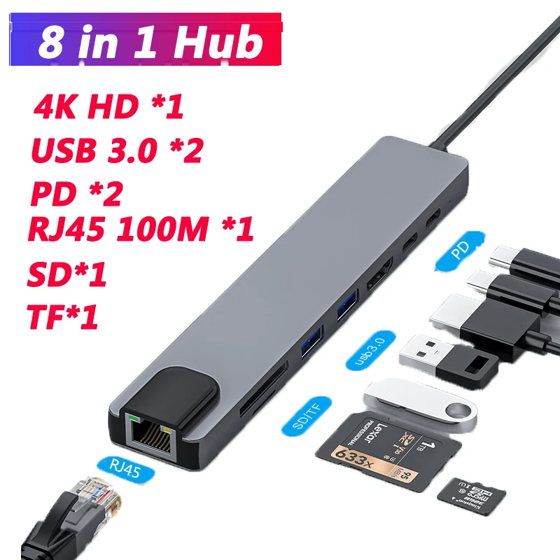 11 в 1 USB C концентратор адаптер Тип 4K HDMI VGA RJ45 Lan Ethernet SD/TF 3 5 мм AUX порт док-станция