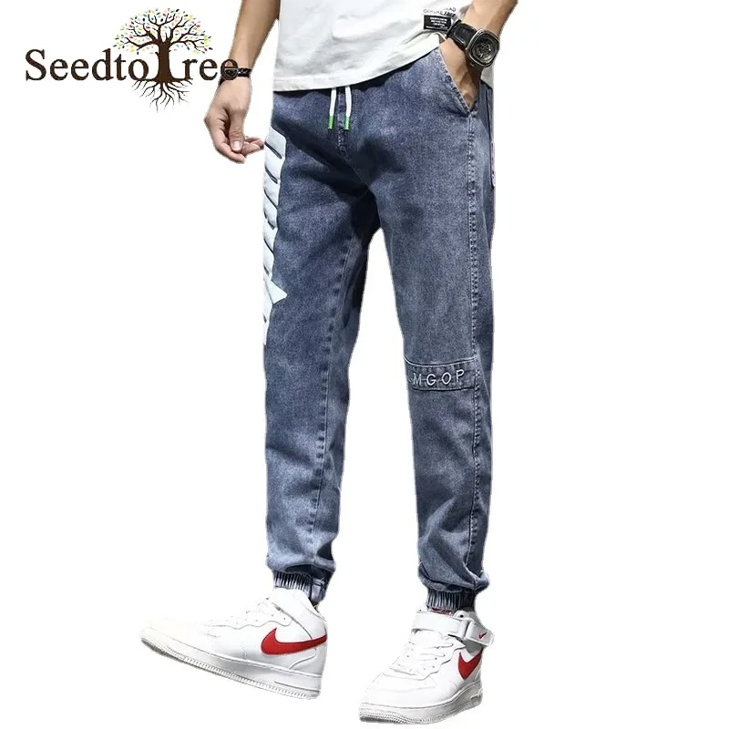 Letter Printing Men's Casual Jeans Slim Small Feet Denim Trousers