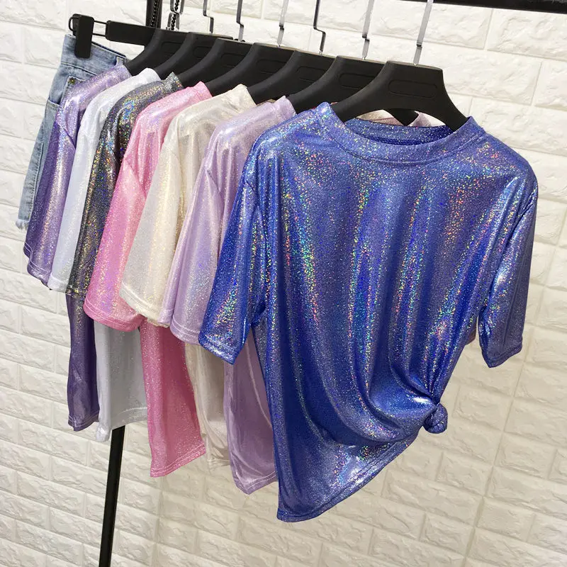 

Camiseta de manga corta estilo retro para mujer, Seda brillante con estilo, brillante, holgada, sexy, harajuku