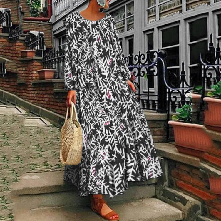 

Summe Big Swing Digital Print Dresses Elegant Applique Long Sleeve o-Neck Dress Maxi Party Dresses Gown For Women clothing