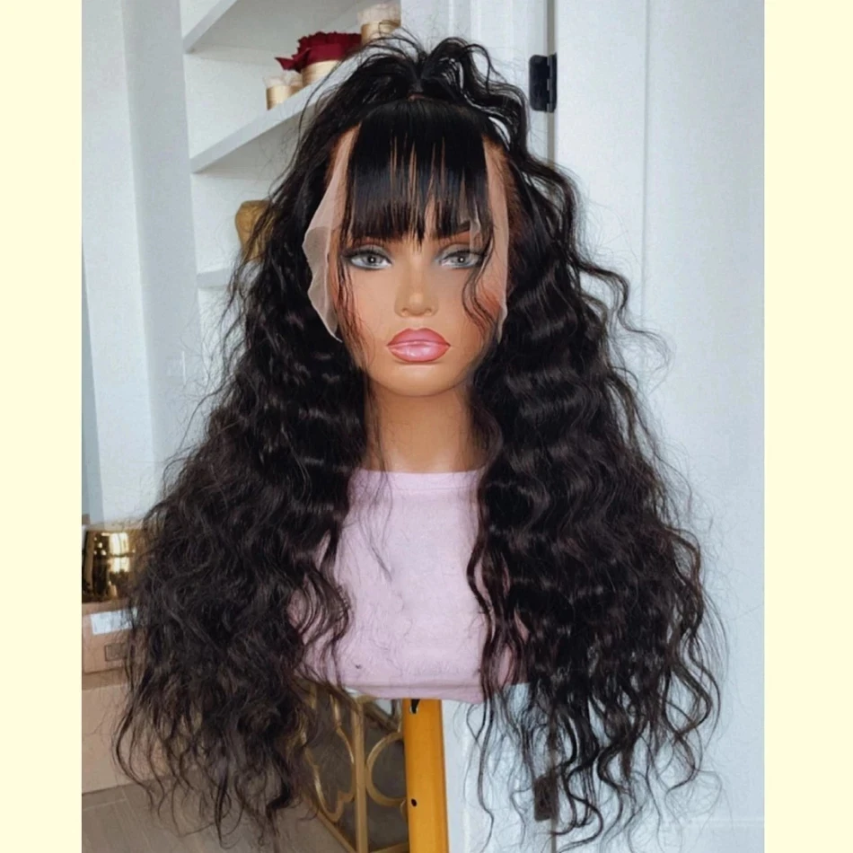 

Natural Black Deep Wave Synthetic Lace Front Wig For Women Bangs Wavy Hair Wigs With Fringe Middle Part Cosplay