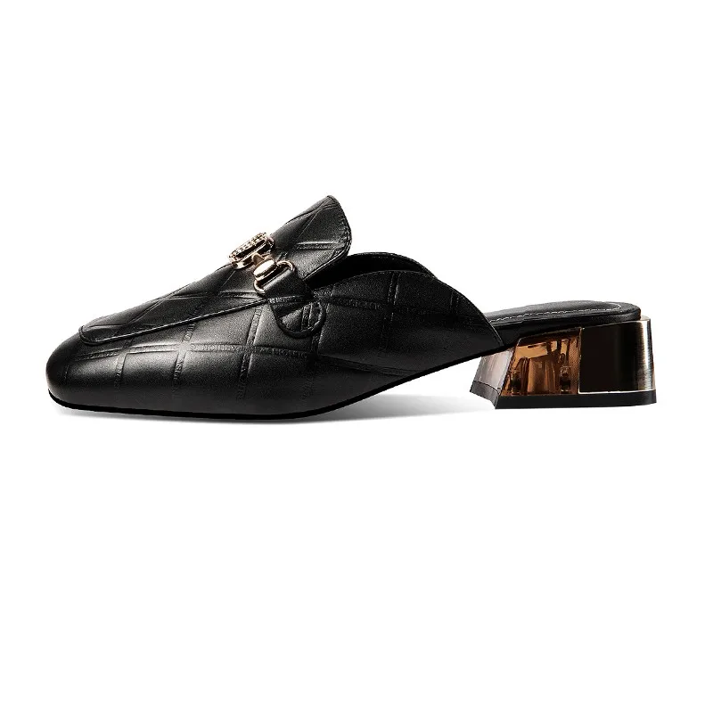 

Handmade 2021 Spring Women Square Toe Pumps Woman Fashion Shoes Genuine Leather Chunky Middle Heels Half Slippers Mules Black