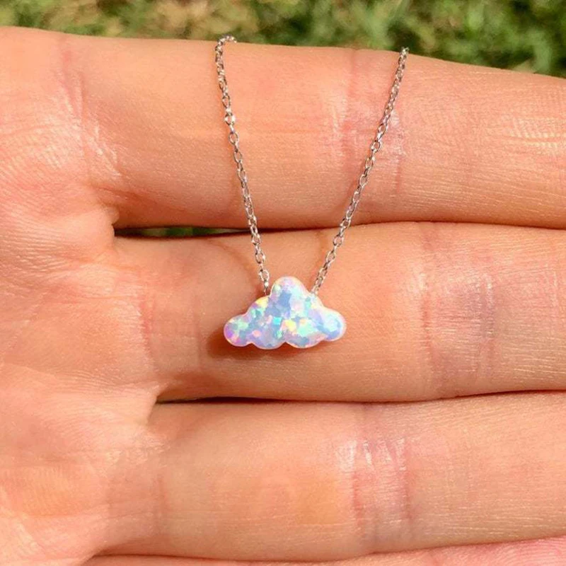 Synthetic FLUFFY CLOUD OPAL NECKLACE Iridescent Opal Jewelry with Gold Silvertone Chain Fire White Cotton Candy Cloud YJ39 | Украшения и