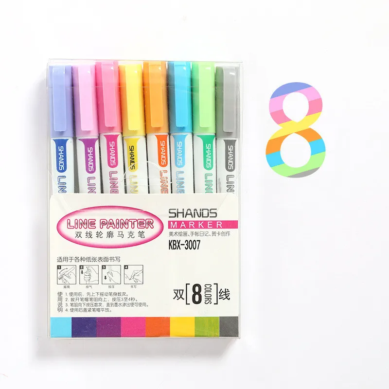 

8 Colors Metallic Double Lines Art Marker Pen Out line Pen Highlighter Pen for Kids Painting Stationery Calligraphy Lettering