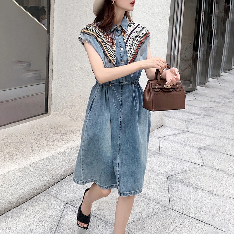 

CHICEVER Pullover Denim Dress For Women Lapel Collar Sleeveless High Waist Patchwork Knee Length Dresses Female 2021 New Clothes