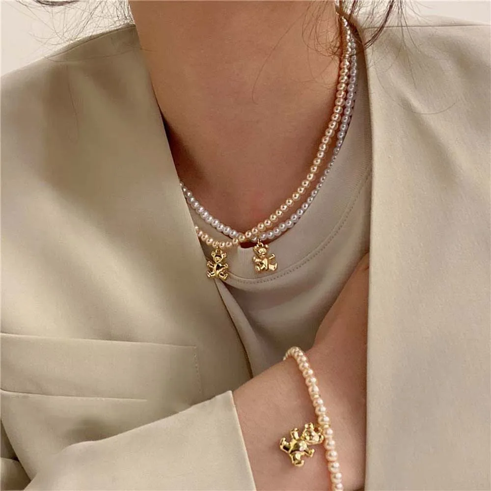 Корейский ретро геометрический медведь Жемчужное ожерелье браслет для женщин