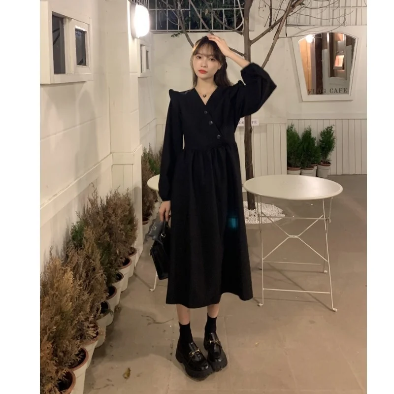 

Black V-neck Long Sleeve Dress Women Spring Autumn 2021 Retro Small Waist-Tight Dress Rac