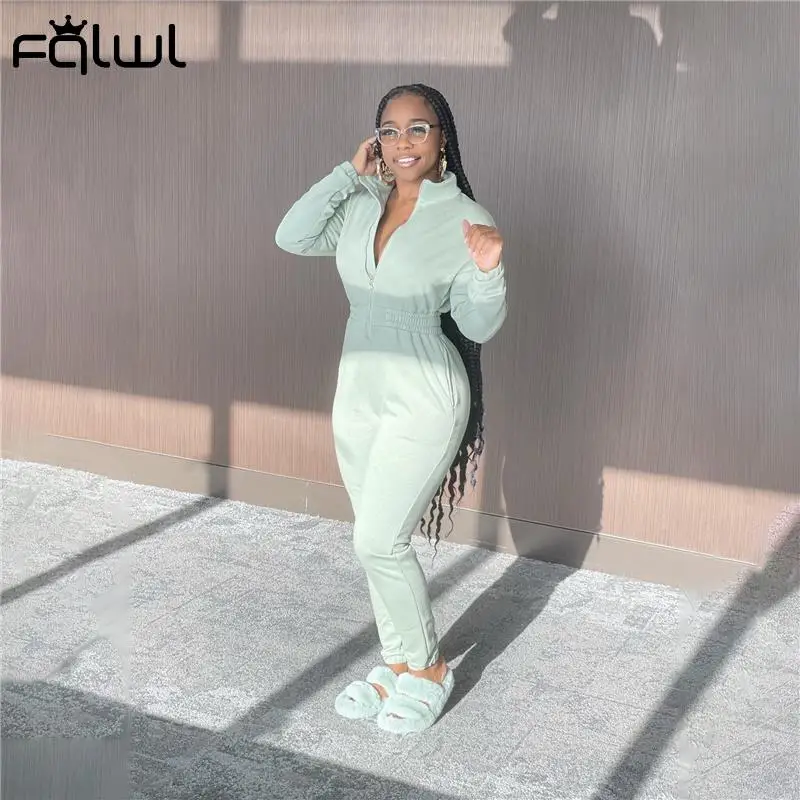 FQLWL зимние повседневные Черные Комбинезоны женские 2021 на молнии с длинным