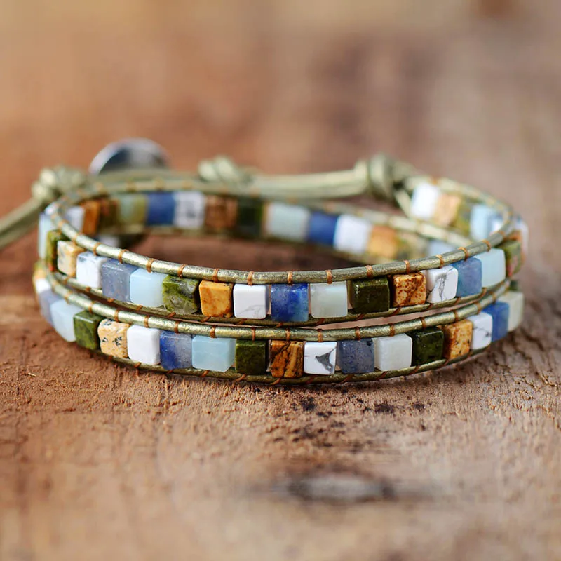 Кожаные браслеты смешанные квадратные натуральные камни 2 нити кожаные