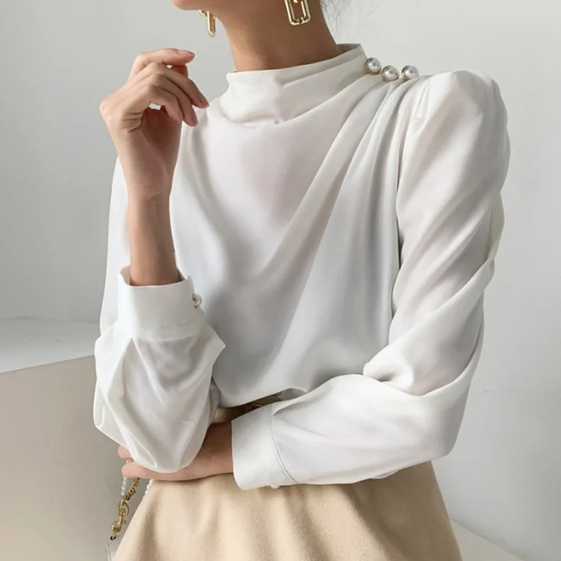 Nomikuma Elegant Buttons Folds Stand Neck Blouse Korean Puff Sleeve Fashion Solid Woman Shirts 2022 Spring New Blusas Top Mujer | Женская