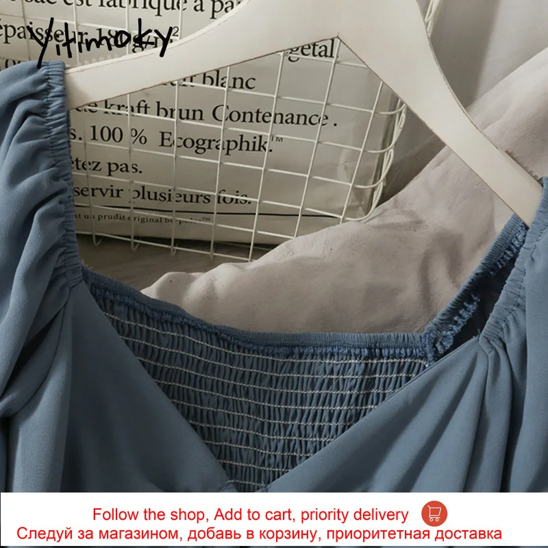 

Yitimoky Folds Blouses Women Flare Sleeve Back Elastic Shirts Slash Neck Solid White Top Soild White 2021 Spring Fashion Clothes