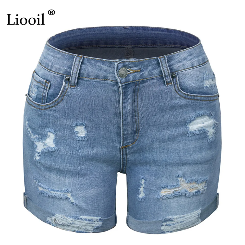 

Liooil Cotton Stretch Ripped Curly Jeans Shorts For Women Summer Streetwear With Pocket High Waist Skinny Hole Sexy Denim Short