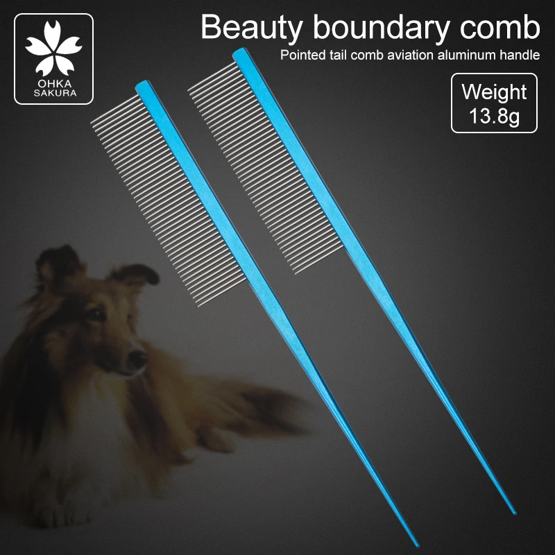 Pprofessional pet boundary comb aluminum comb Teddy cat dog shape comb beautician pick hair long hair pet Tip-tail comb-Blue