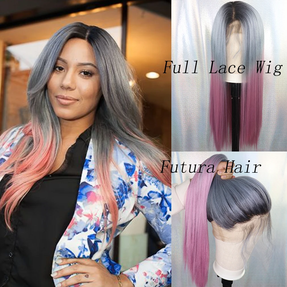 Парики IvyNa с темными корнями серые розовые Омбре синтетические на полной сетке