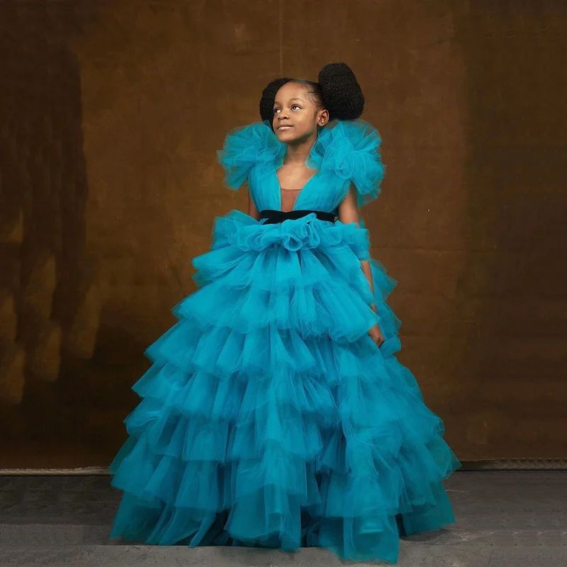 Синие стильные платья с цветочным узором для девочек Бальное платье глубоким v