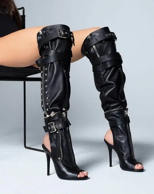 

Solid knee rivet sexy open heel cool boots night club trendy shoes