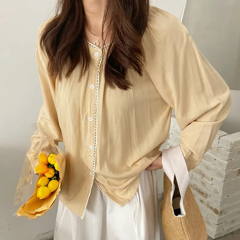 

Women Long Sleeve Casual Shirts New Arrival 2021 Autumn Korean Style O-neck Solid Color Loose Ladies Elegant Blouse Shirt W591