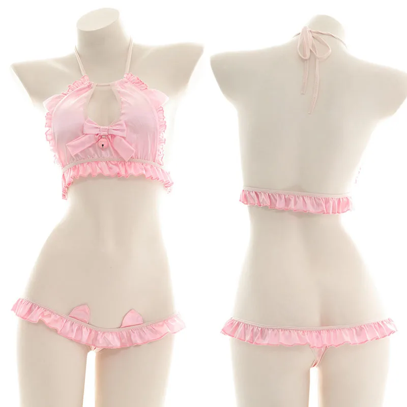 

Sweet Pink Open Chest Halter Bowknot Bell Ruffles Pyjamas Bikini Suit Sexy Lolita Girl Private Cosplay Maid Cat Ear Underwear