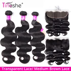 Пряди волнистых волос Tinashe с передней частью, бразильские человеческие волосы, 3 пряди с застежкой, HD, прозрачная фронтальная сетка с пряди