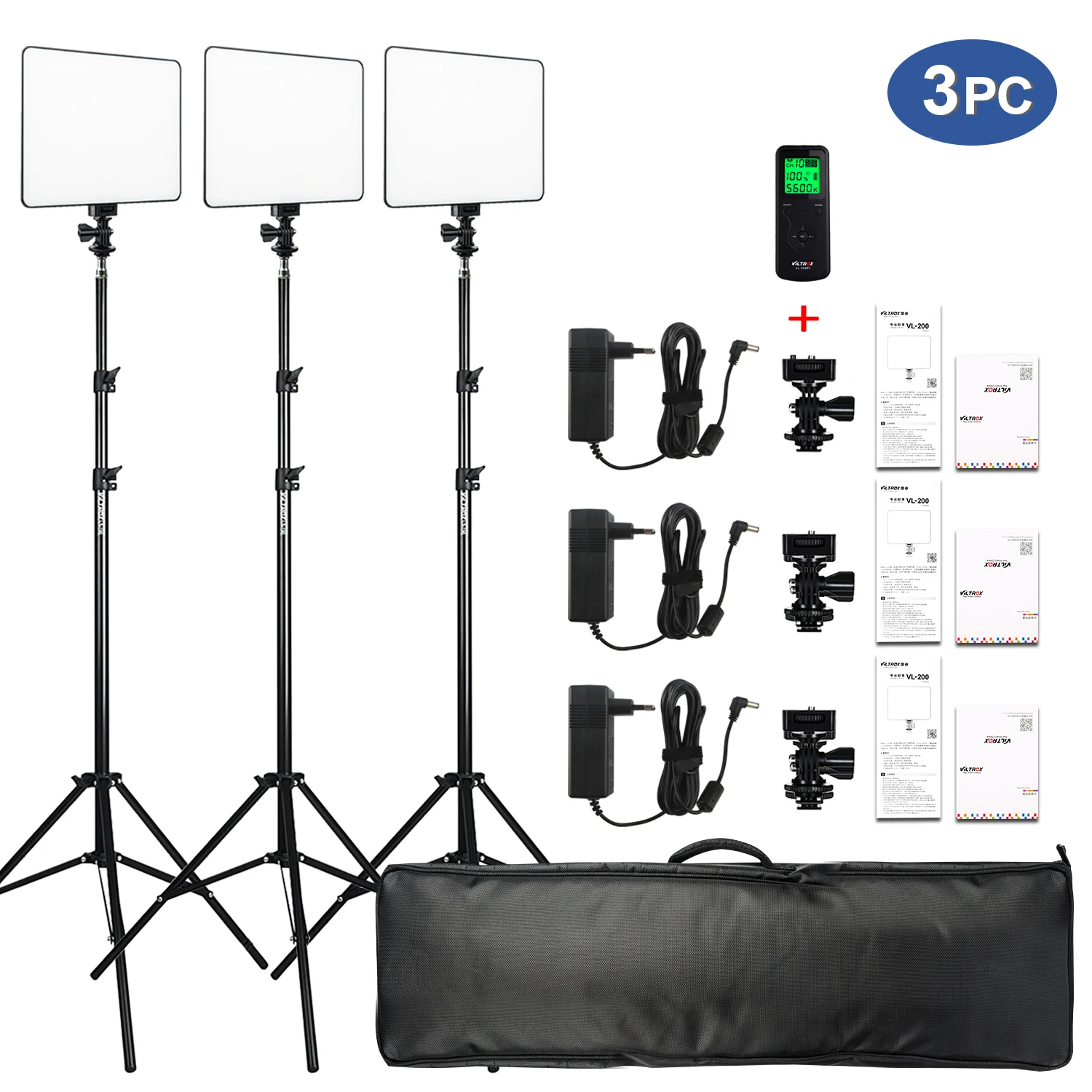 

VILTROX 3pcs VL-200T LED Video Light Panel Lighting Kit Bi-color Dimmable Wireless remote with Light Stand for Studio Shooting