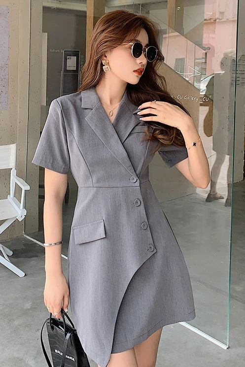 

COIGARSAM Women One Piece Korea Dress Summer 2021 New Casual Short Sleeve Notched High Waist Gray White Black Dresses Robe Traf