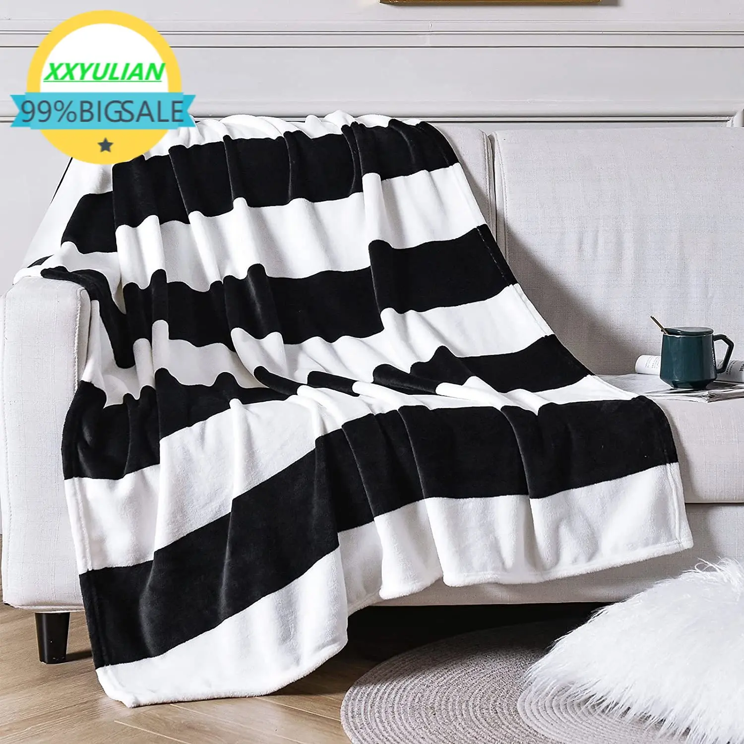 

Большое Фланелевое флисовое плюшевое одеяло, размер бросок, черно-белое одеяло в полоску, супермягкое уютное одеяло из микрофибры для