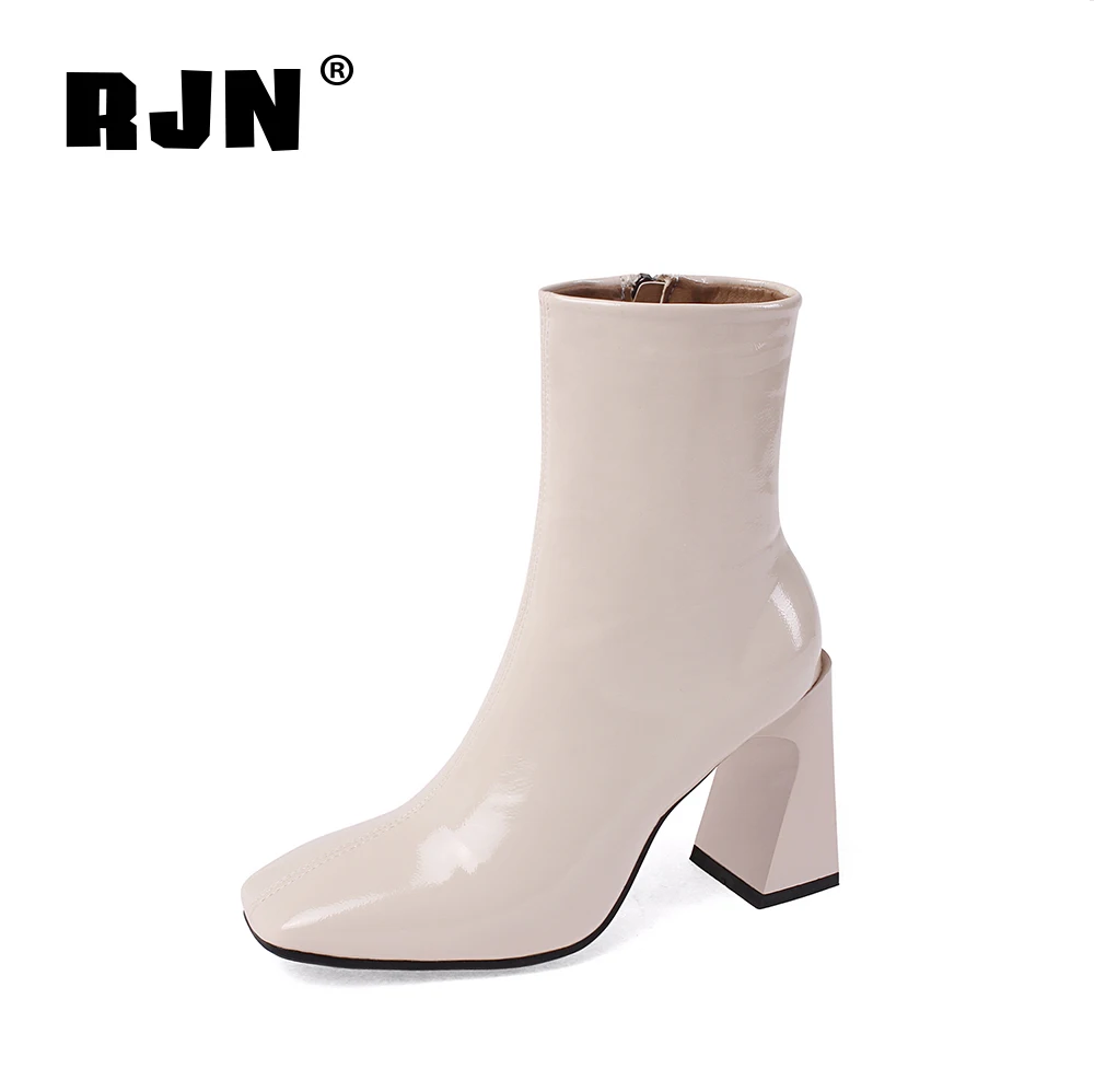 

RJN Stylish Simply Ankle Boots Classic Little Square Toe Sense of Desig Heel Zipper Women Shoes Autumn Ladies Boots Black RO169