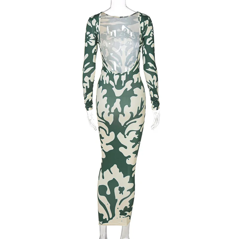

Bodycon Dress 2021 New Autumn Fashion Printing Self Cultivation Backless Long Sleeve Maxi Dresses For Women 2021