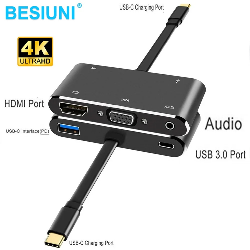 Адаптер 5 в 1 с USB C на HDMI совместимый адаптер 4K Type HD/VGA/Audio/USB 3 0 порт PD|Кабели VGA| |