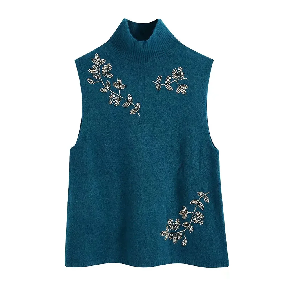 

DYLQFS 2021 New Women Vintage Beaded Decoration Sweater Girl Sweet Cute Knitted Vest Female Mock Neck Streetwear Slim Top