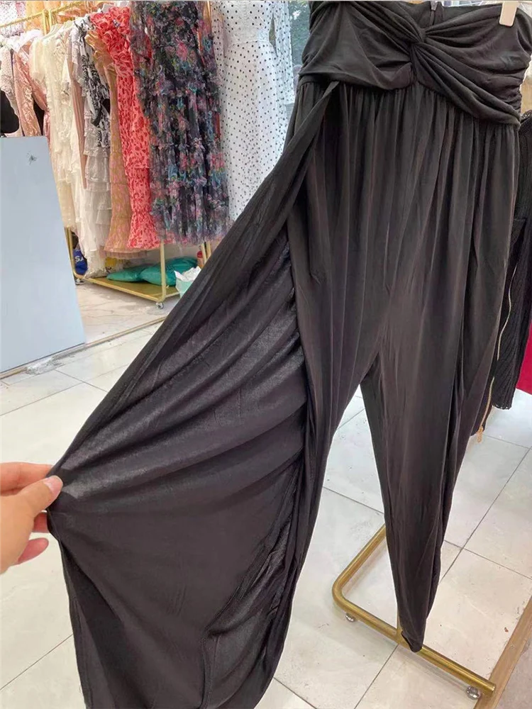 

Pure color pleated waist waist high waist knitting trousers slits casual cropped trousers ladies summer new fashion all-match