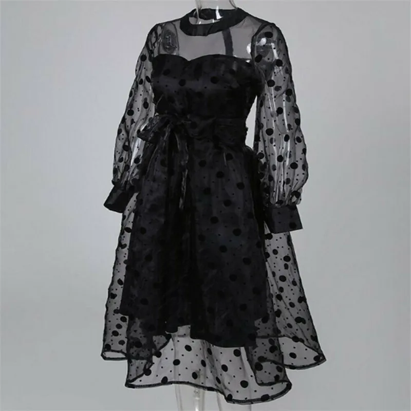 Модное женское платье с длинным рукавом кружевное Сетчатое в горошек вечернее