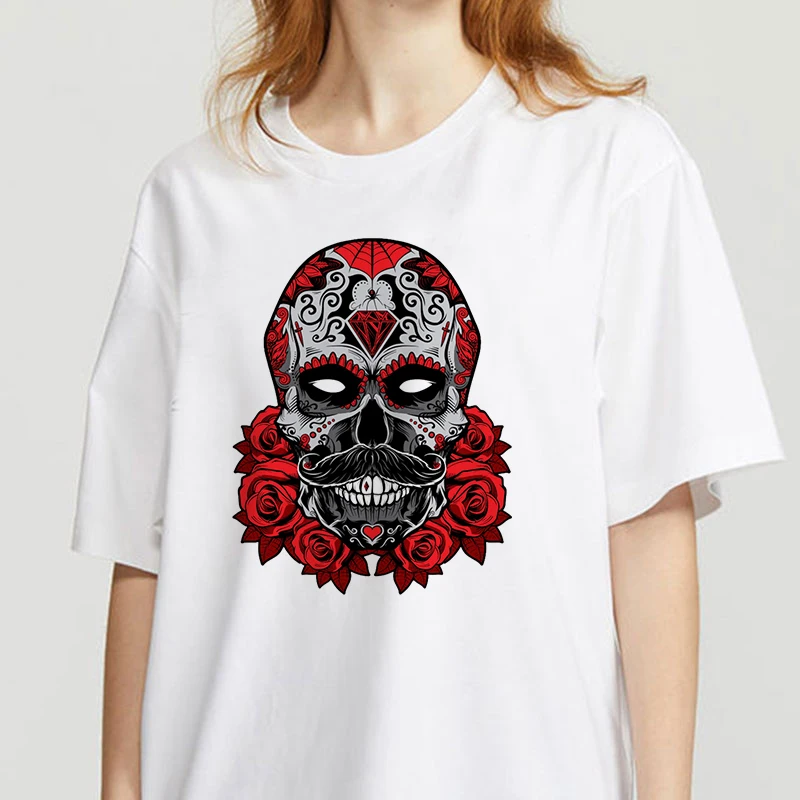 

Casual Tops Tee Harajuku 90s Vintage White tshirt Female Clothing 2020 Summer Women T-shirt skull Theme Printed Tshirts