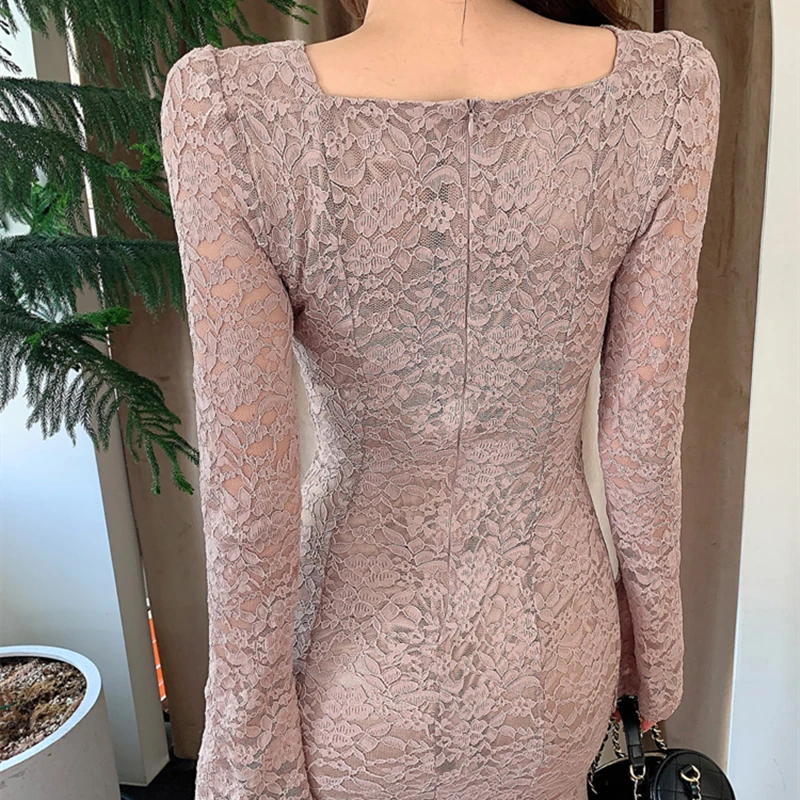

2021 Spring New Korean Style Women High Quality Square Collar Long Sleeve Mid-Calf Dress Fashion Solid Color Slim Mermaid Dress