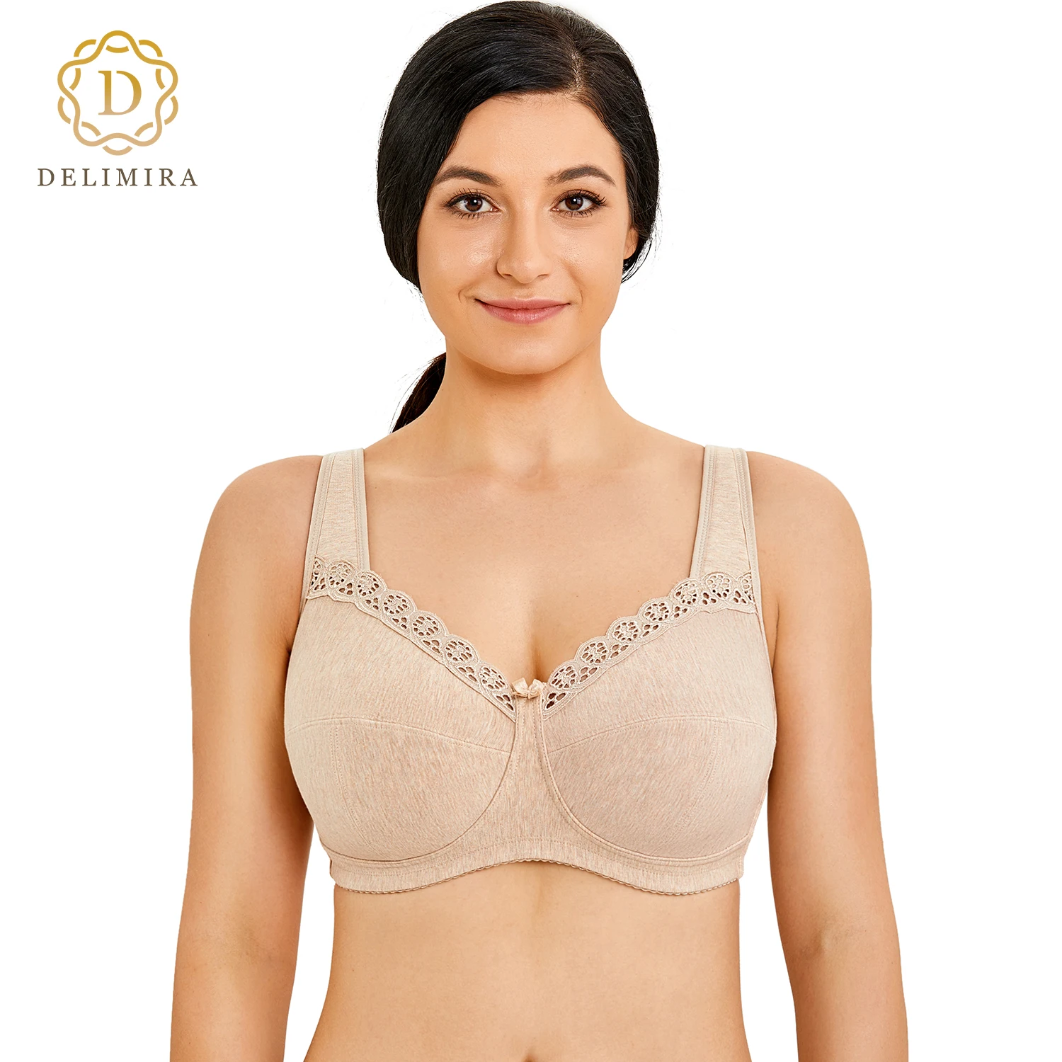 DELIMIRA Women's Soft Plus Size Wirefree Non-Padded Full Coverage Lace Cotton Bra