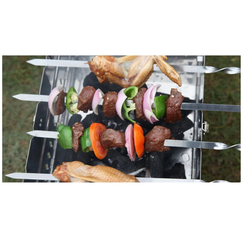 

BBQ Skewer Stainless Steel Shish Kebab BBQ Fork Set Long Flat Wood Handle Barbecue Needle Meat Grill Outdoor Tools 6pcs