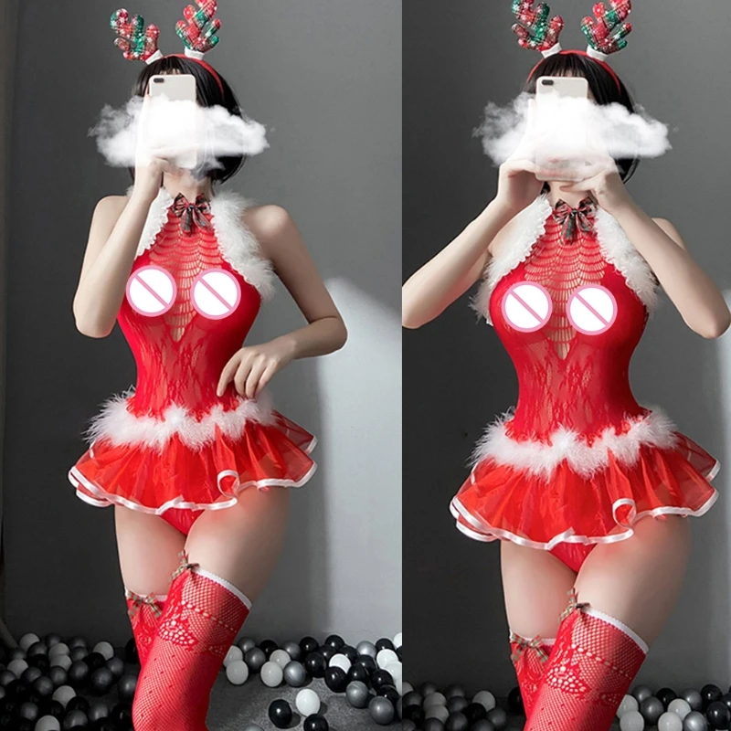 

Women Sexy Christmas Lingerie Set Elk Headband Mesh Bodysuit Cosplay Nightwear J78E