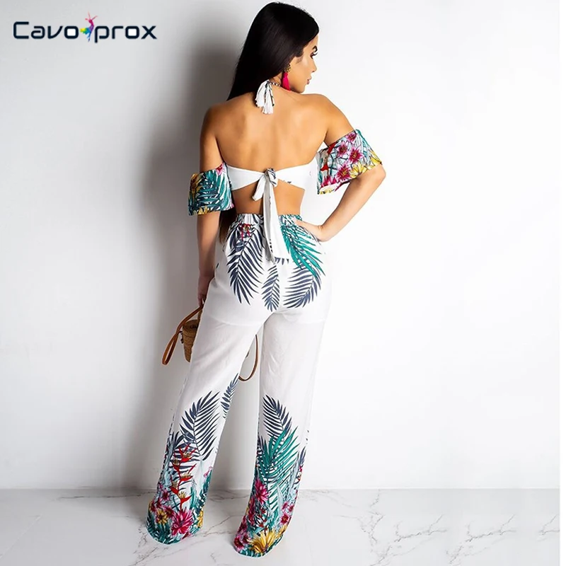 Женский комбинезон с открытыми плечами принтом и узлом сзади широкими штанинами
