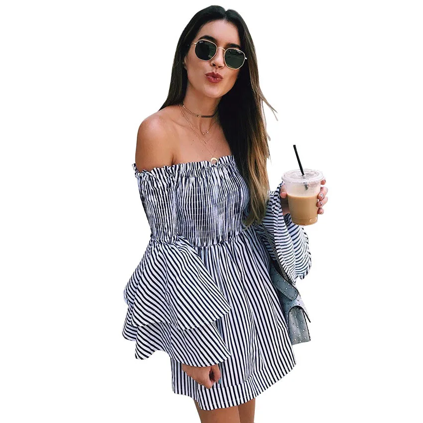

Europe And America Fashion Summer A- line Shoulder Bell Sleeve Dress Shirt Dress Sexy Dress Party Dress Women Dress